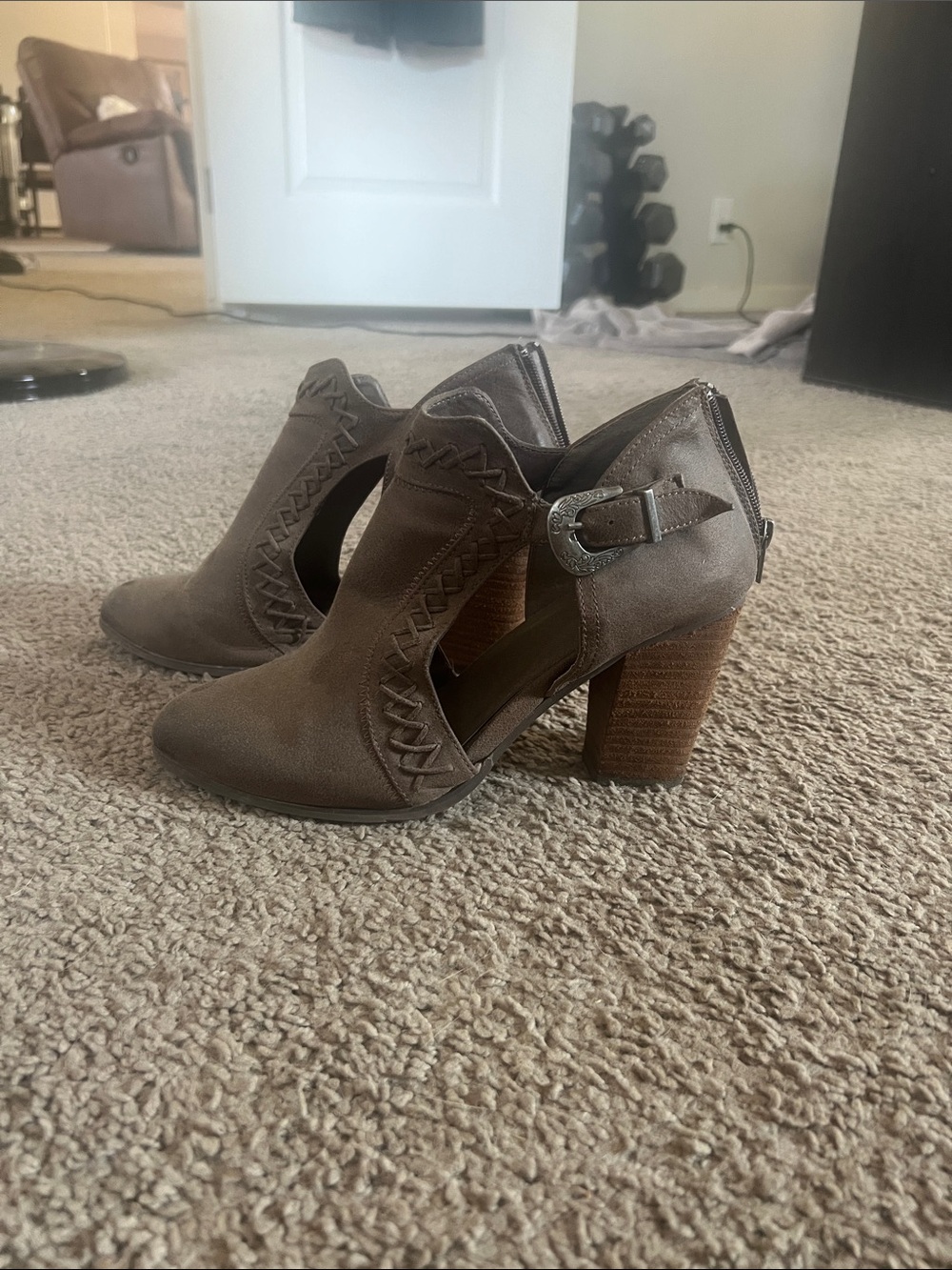 Woven Cutout Block Heel Ankle Booties - Taupe